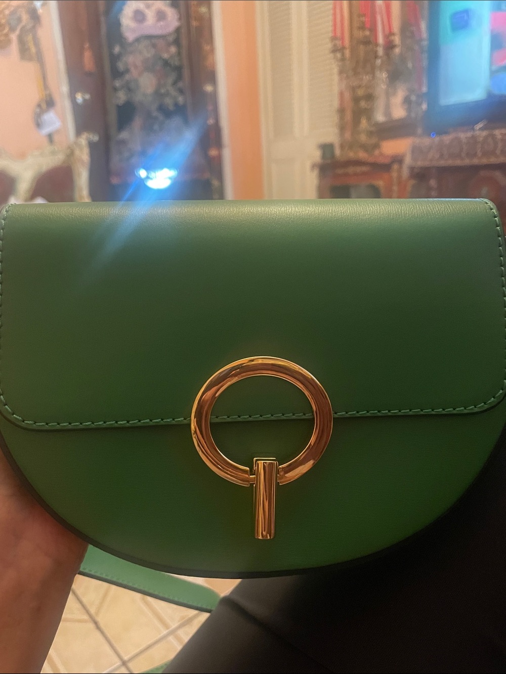 Structured Green Leather Crossbody with Gold Ring Accent